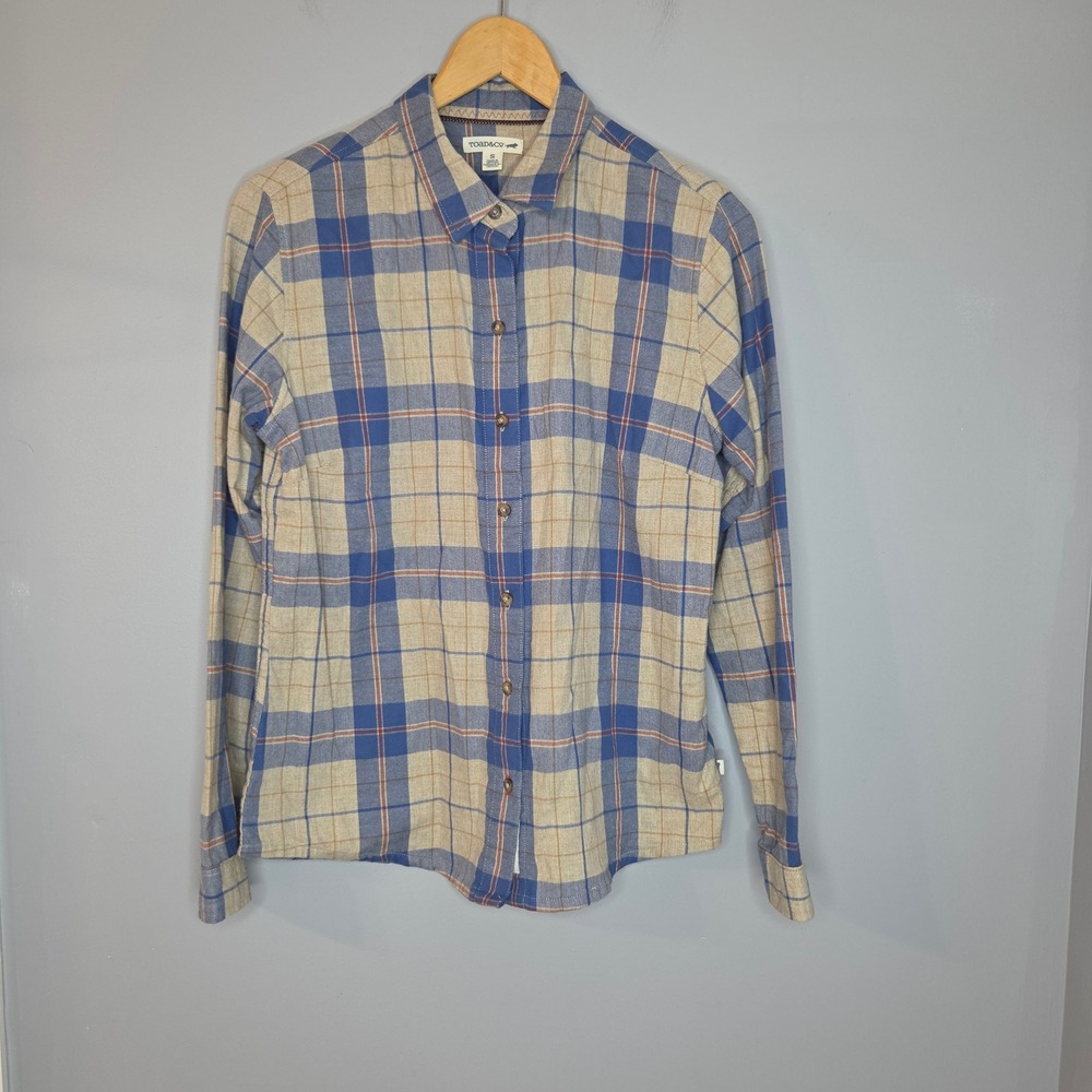 Toad&Co Lightfoot LS Shirt Womens Small Blue Tan Plaid Organic Cotton Button Up